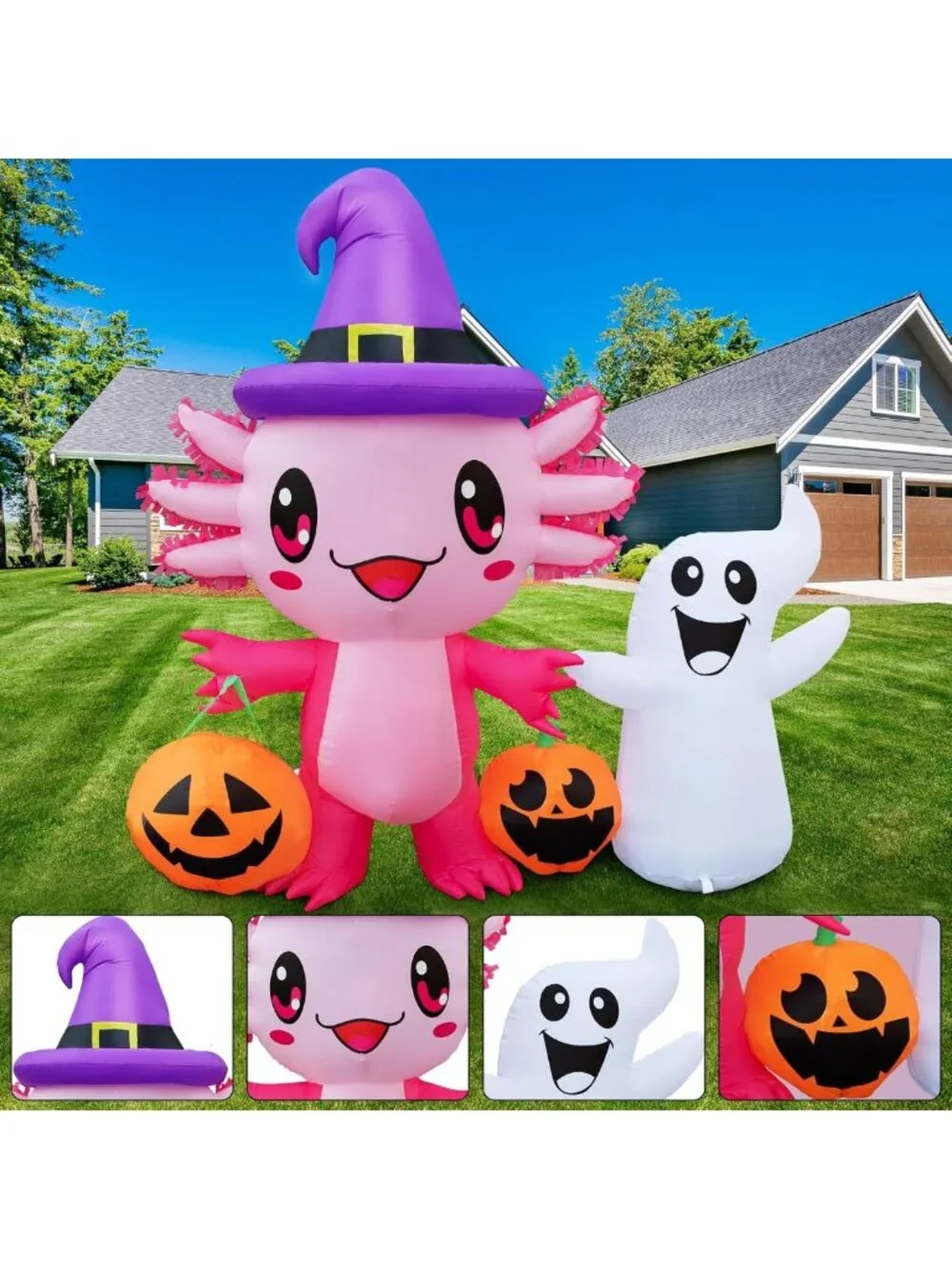 5.7FT Halloween Inflatable Axolotl Ghost with Pumpkin & LED Lights - Yard Decor
